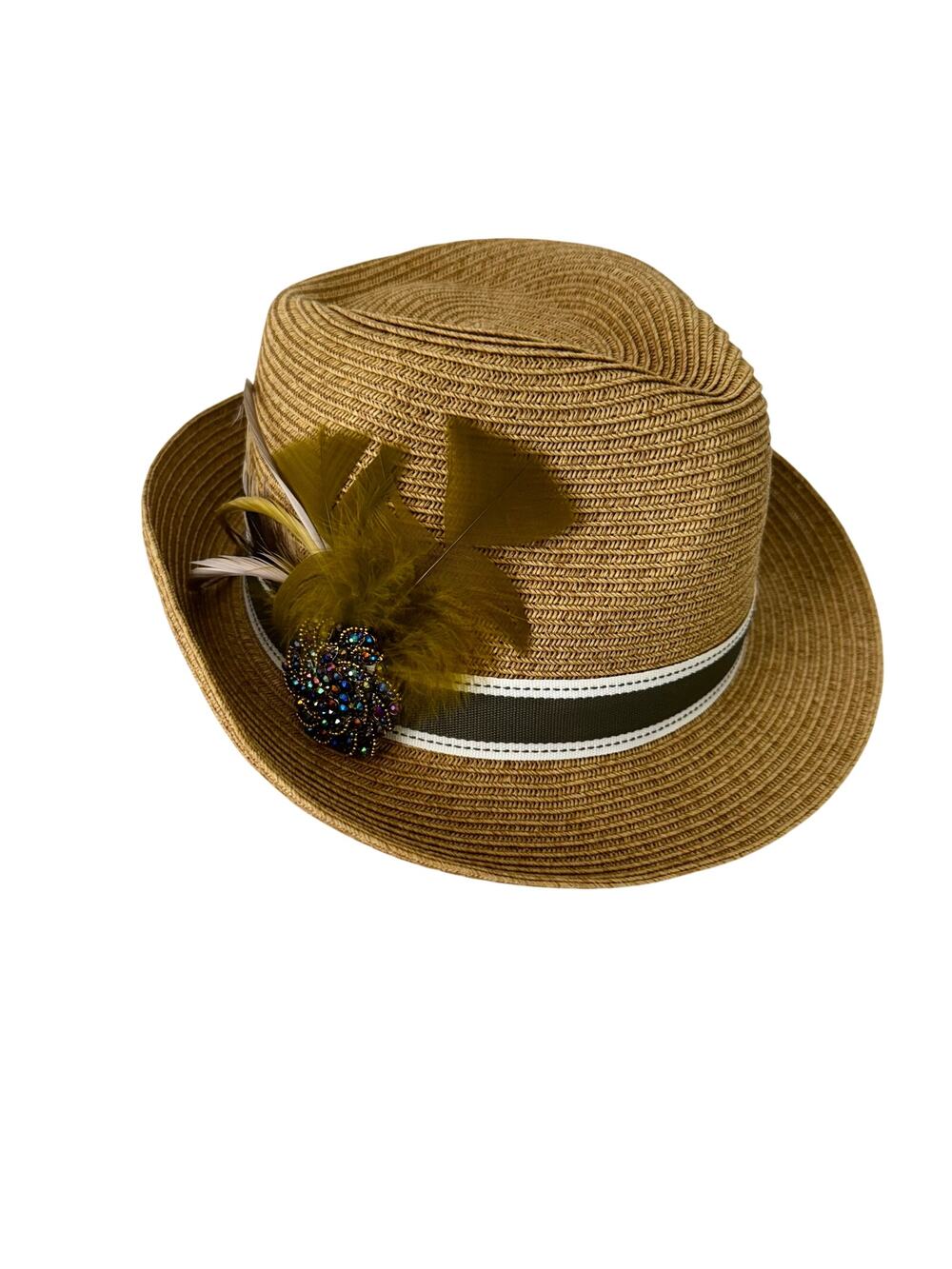Uno Alla Volta Fedora Raffia Hat Feather Gems Rhinestone Band Tan Made in USA